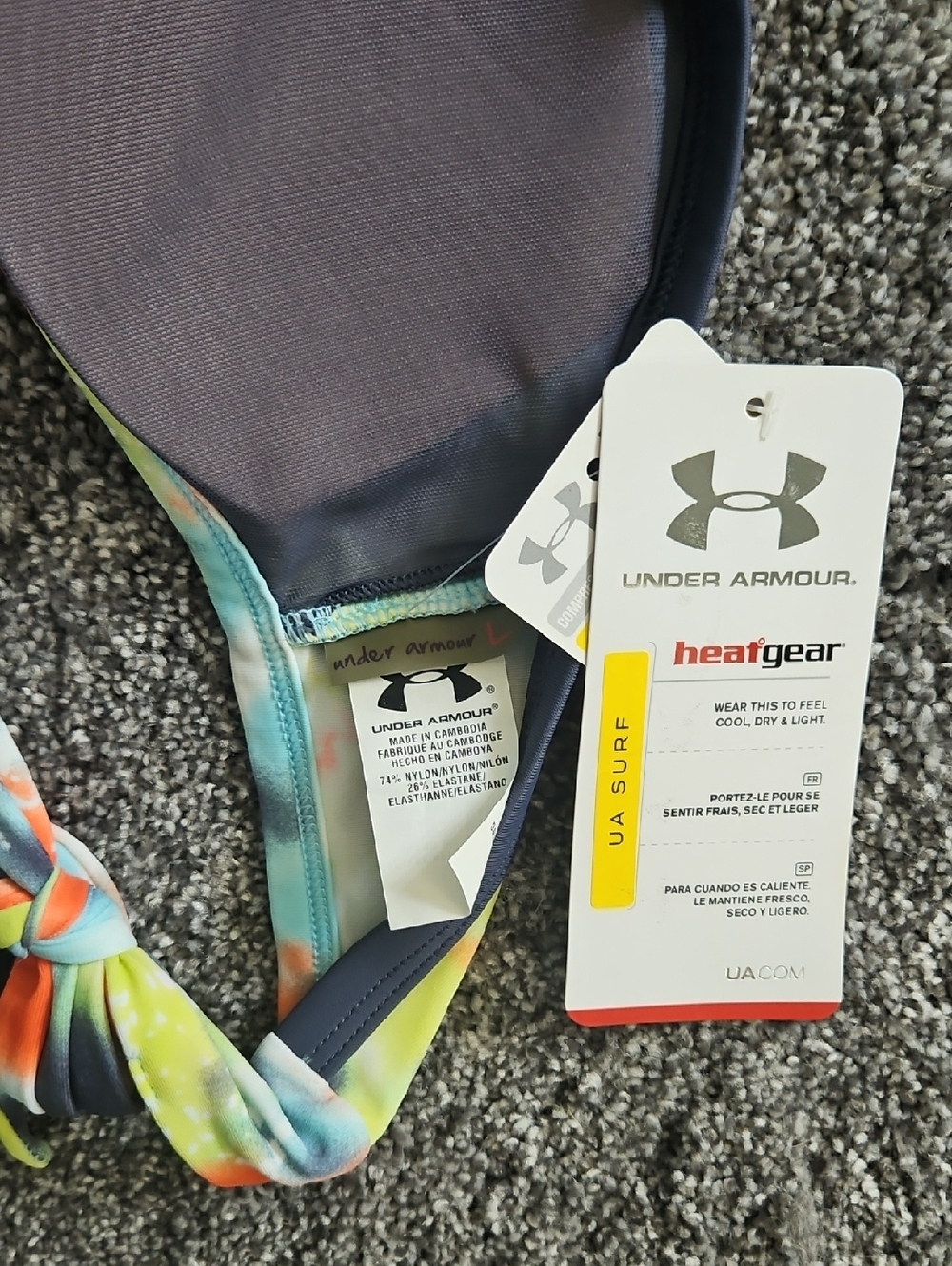 Under Armour Tie-Dye Bandeau Bikini Top in Orange, Aqua & Lime - Picture 3 of 4